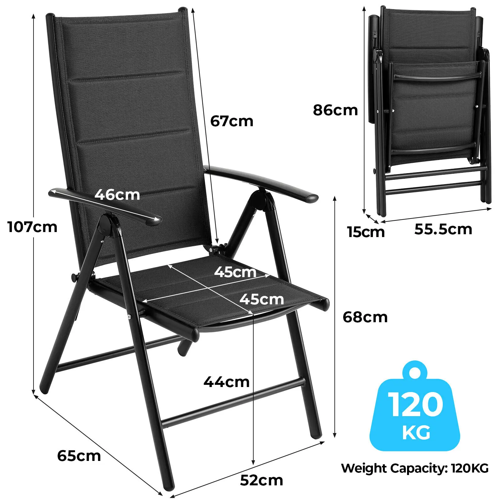 Aluminum Lounge Foldable Garden Chair Backrest w/ 7 Adjustable Settings, with Armrests, Weatherproof Outdoor Chairs Black,Gray
