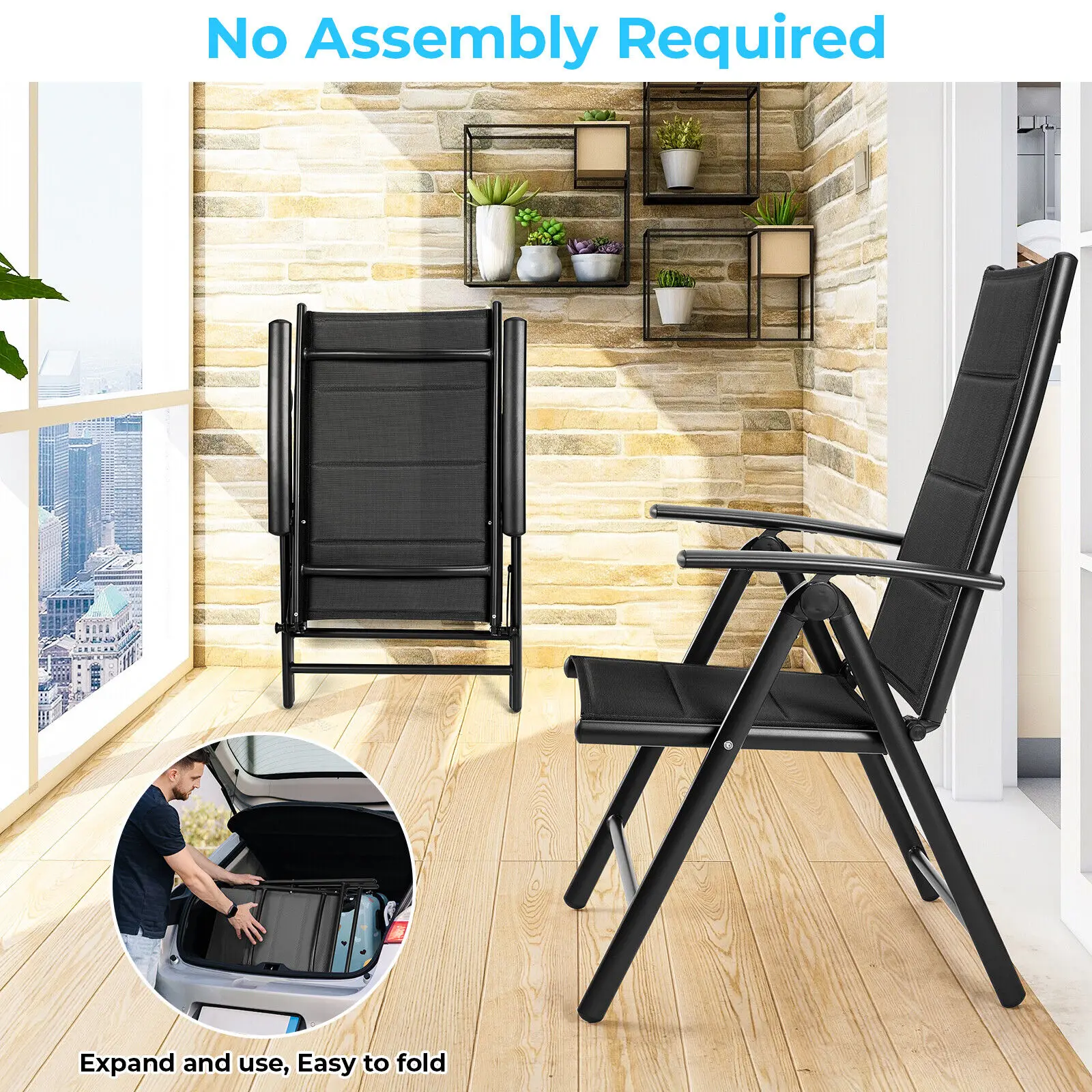 Aluminum Lounge Foldable Garden Chair Backrest w/ 7 Adjustable Settings, with Armrests, Weatherproof Outdoor Chairs Black,Gray
