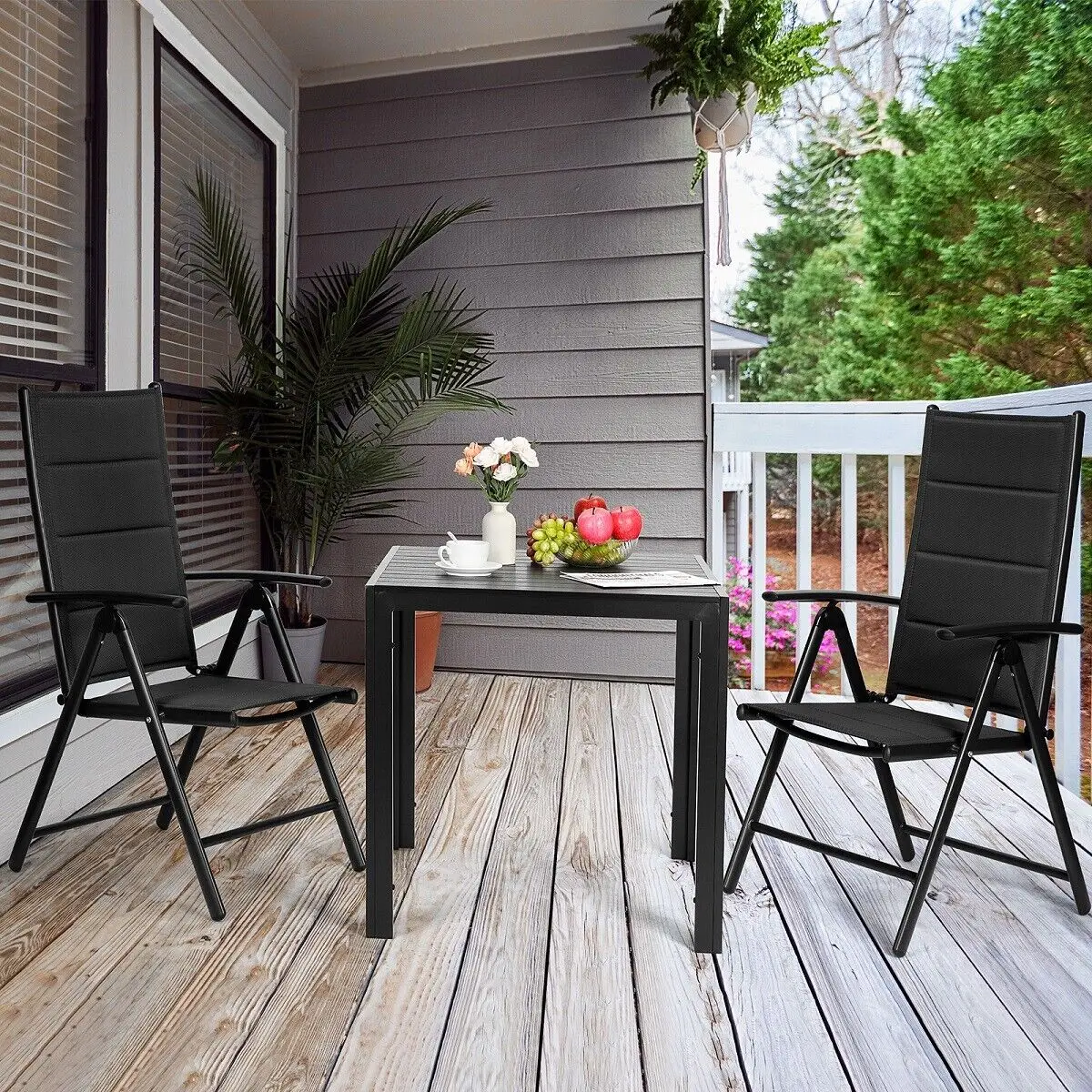 Aluminum Lounge Foldable Garden Chair Backrest w/ 7 Adjustable Settings, with Armrests, Weatherproof Outdoor Chairs Black,Gray