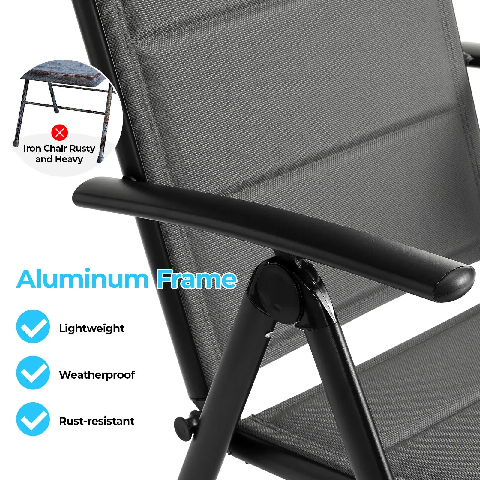 Aluminum Lounge Foldable Garden Chair Backrest w/ 7 Adjustable Settings, with Armrests, Weatherproof Outdoor Chairs Black,Gray