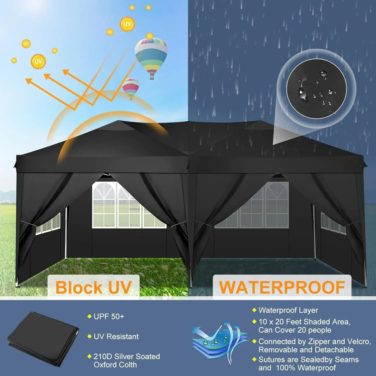 Folding Gazebo 3x6 Pop-Up Gazebo Waterproof Windproof Tent with 6 Sidewalls,3 Height Adjustable,UV Protection,Party Tent
