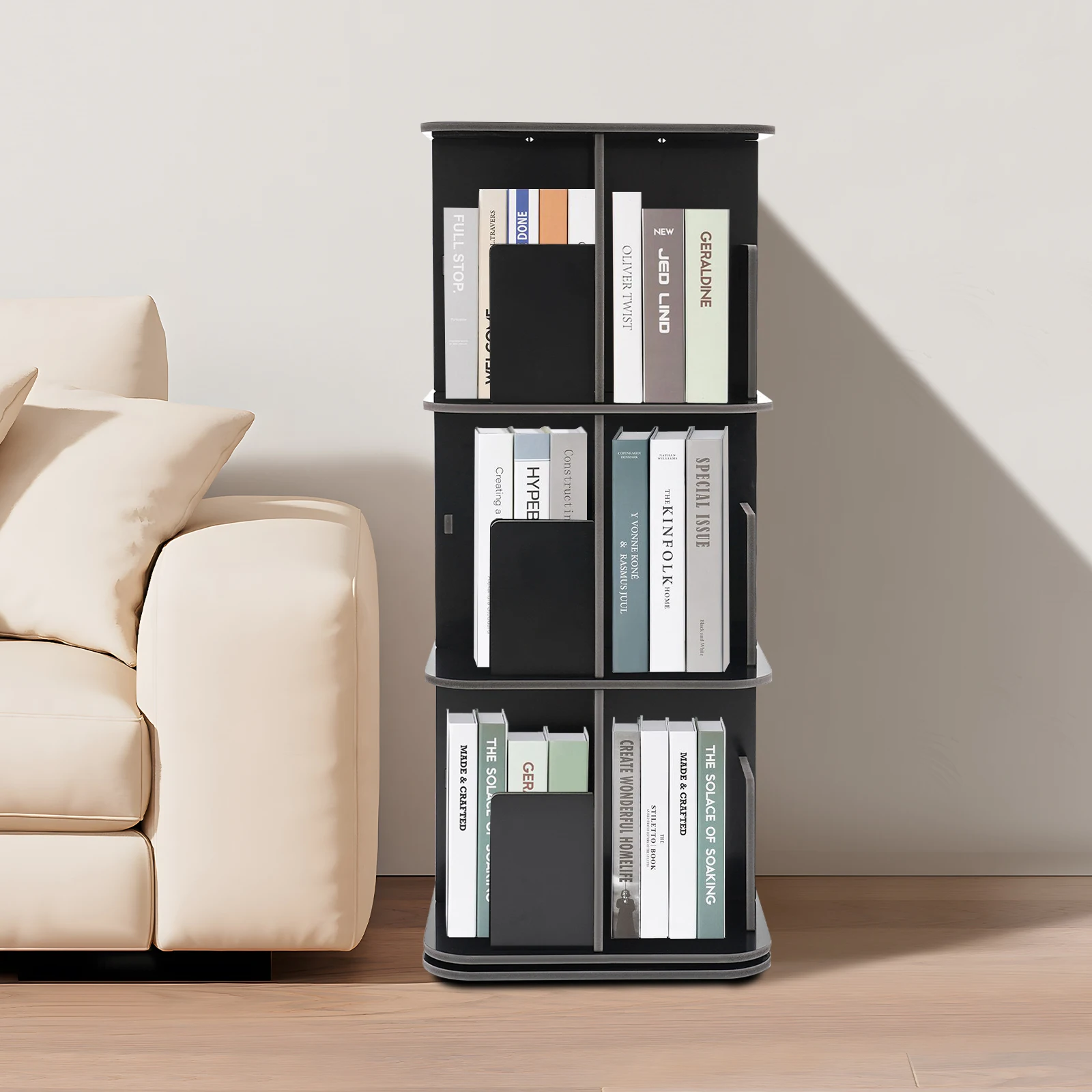 39*39*97 cm Rotating Bookshelf 3 Tier 360° Revolving Bookcase Corner PVC Wood Board Bookcase Stackable Bookshelf Organizer Black