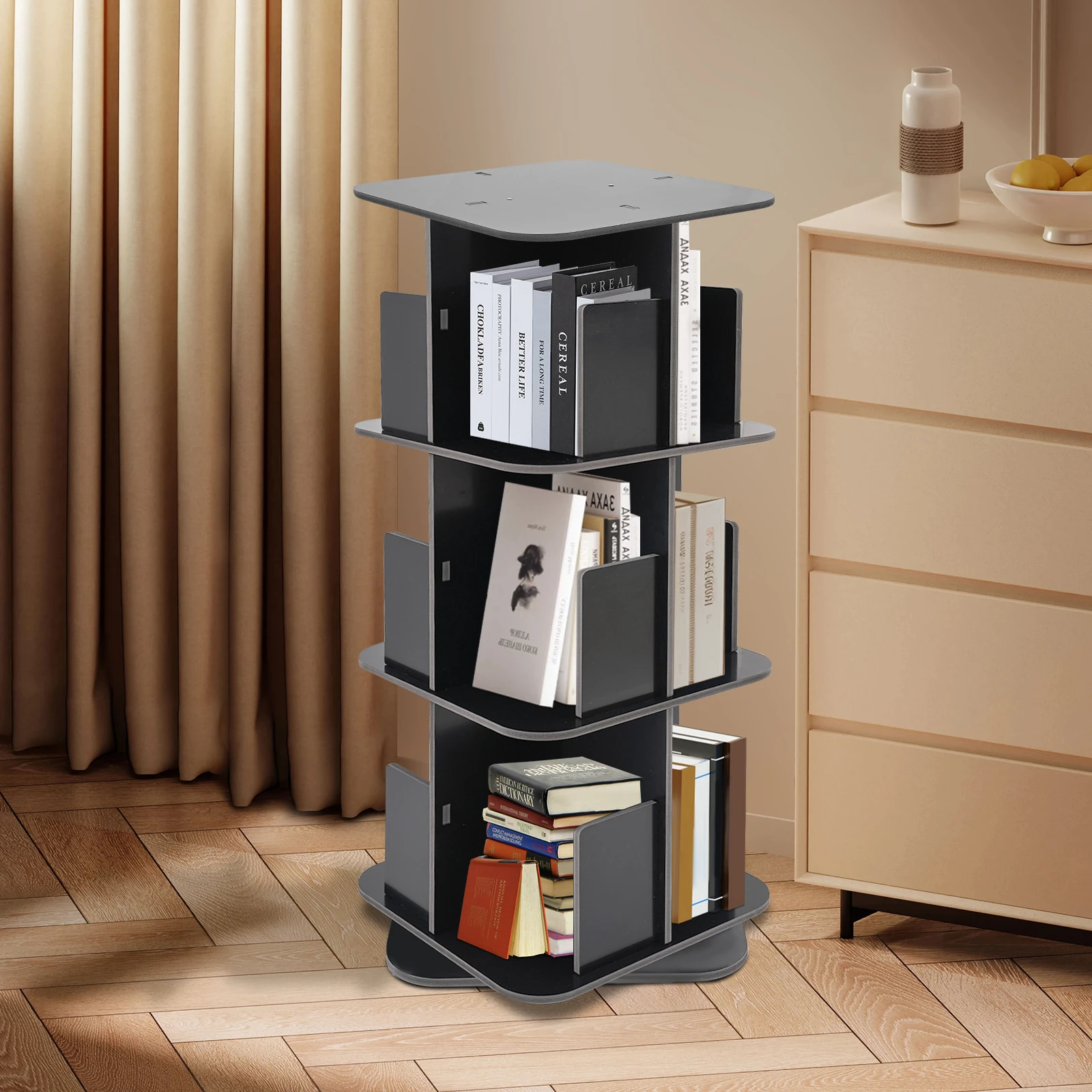 39*39*97 cm Rotating Bookshelf 3 Tier 360° Revolving Bookcase Corner PVC Wood Board Bookcase Stackable Bookshelf Organizer Black