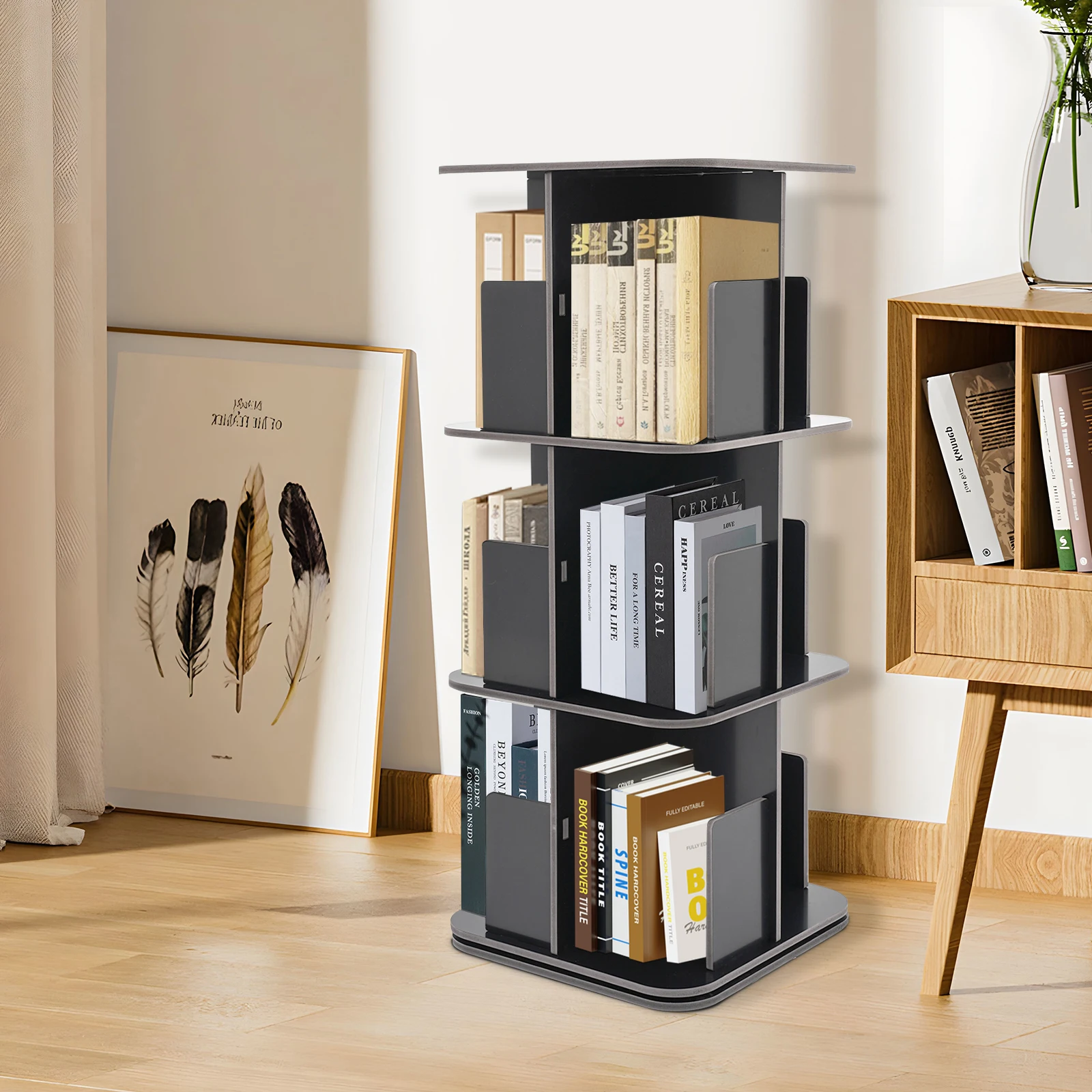 39*39*97 cm Rotating Bookshelf 3 Tier 360° Revolving Bookcase Corner PVC Wood Board Bookcase Stackable Bookshelf Organizer Black