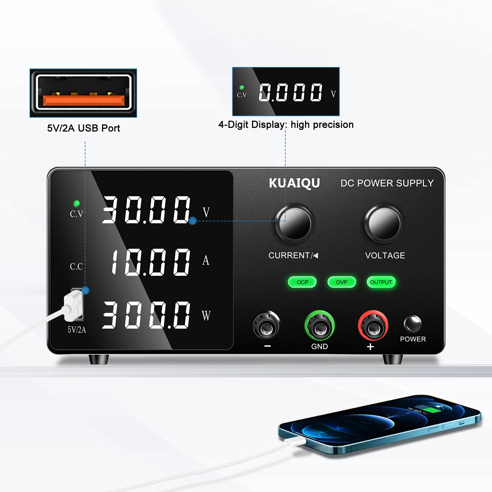 KUAIQU OCP OVP Laboratory Power Supply,160V 2A, 30V 10A 5A Adjustable Regulated Power Supply,OUTPUT Switch, USB Port, For Repair