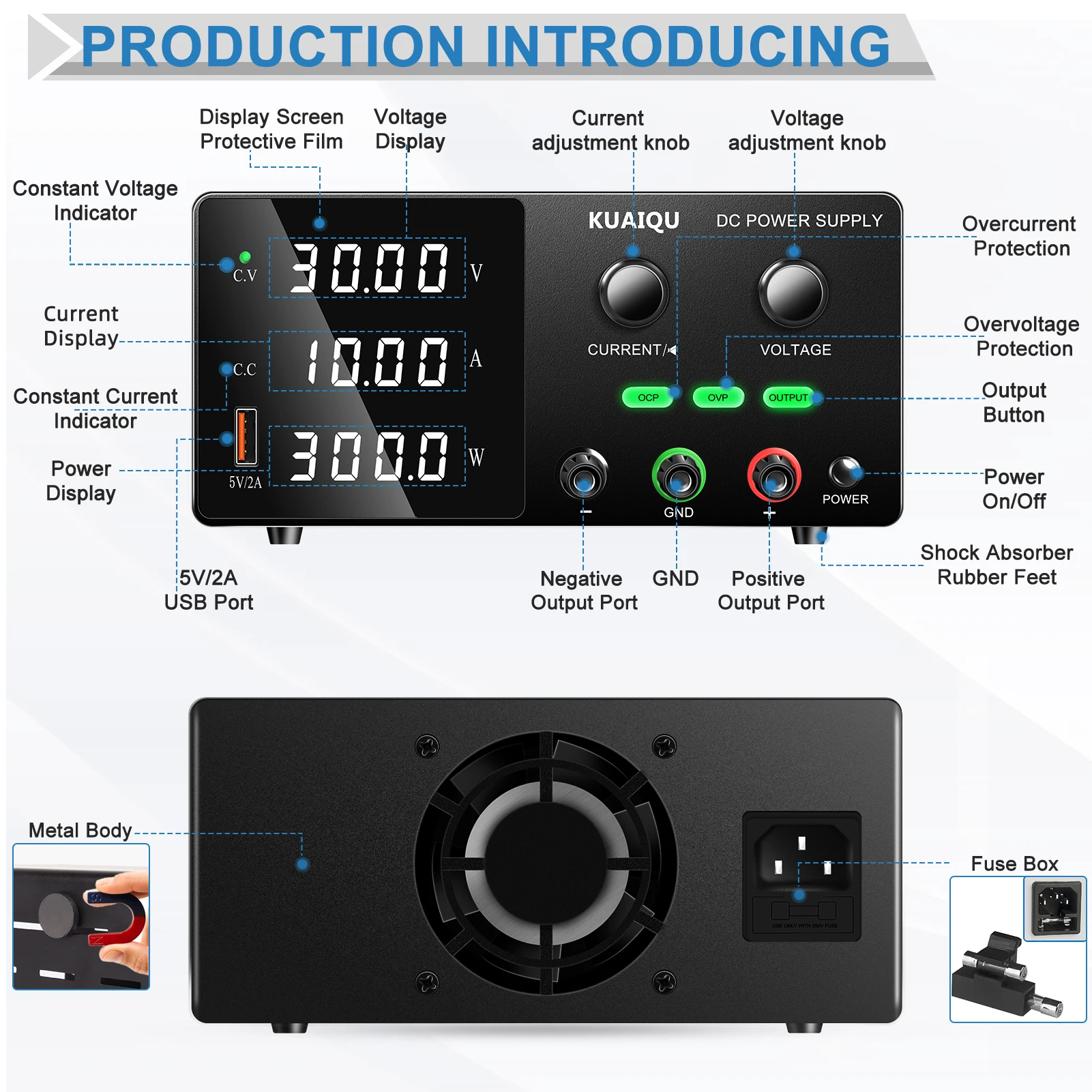 KUAIQU OCP OVP Laboratory Power Supply,160V 2A, 30V 10A 5A Adjustable Regulated Power Supply,OUTPUT Switch, USB Port, For Repair