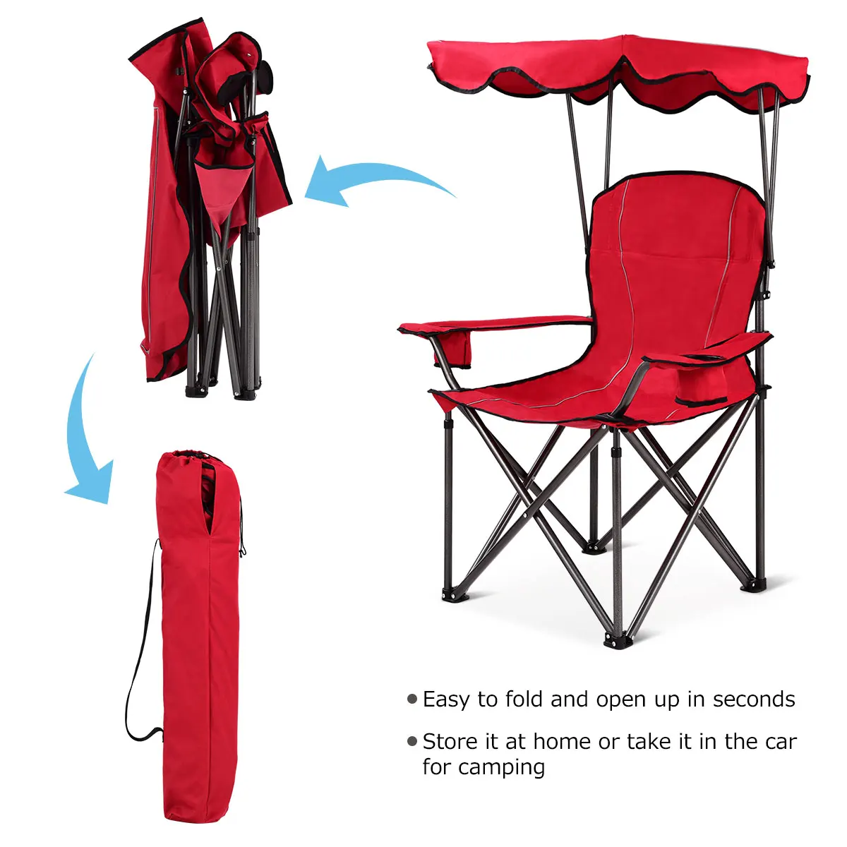 Camping Chair with Sun Canopy, Fishing Chair with Drink Holder, Folding Chair with Carry Bag, Folding Chair 120 kg Load Capacity