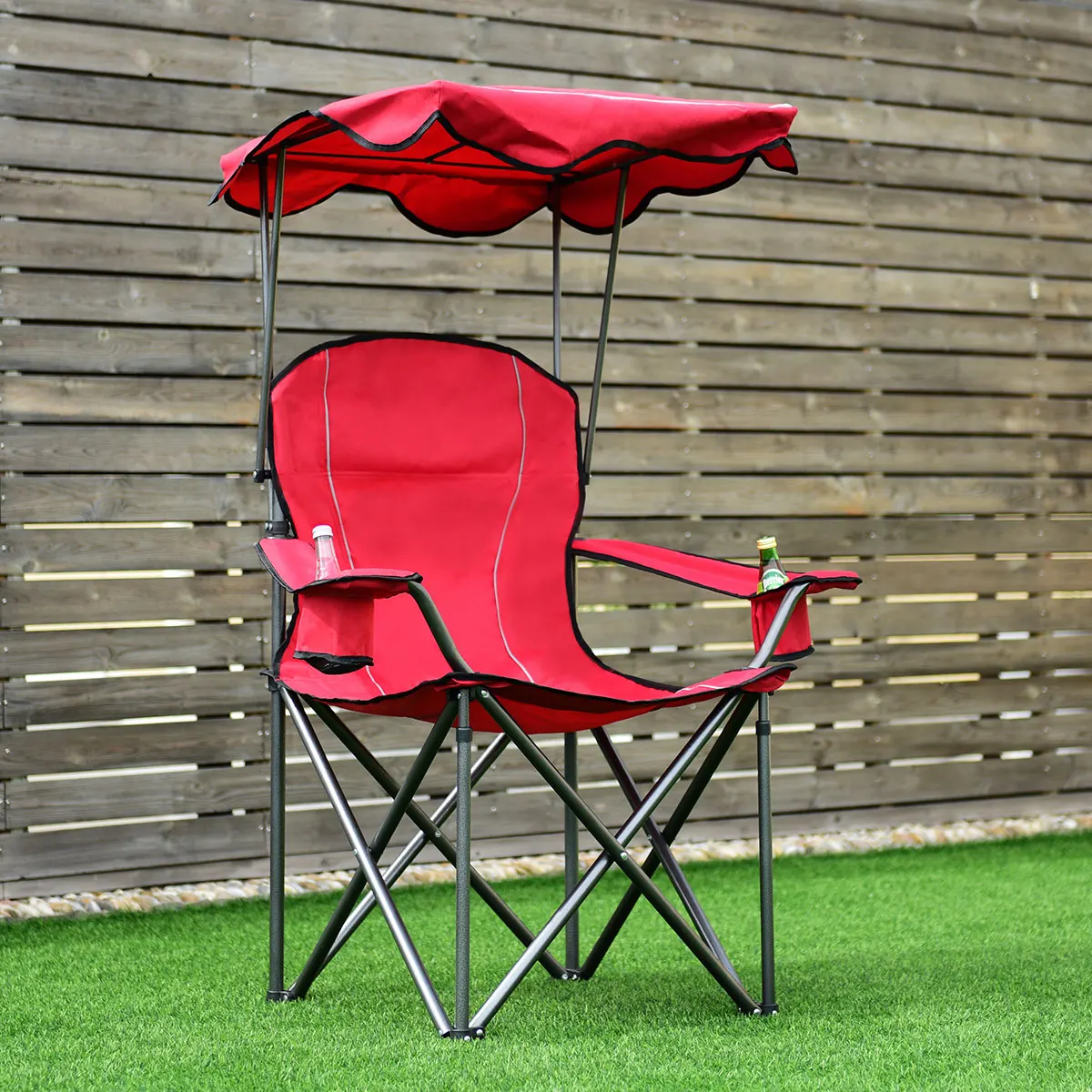 Camping Chair with Sun Canopy, Fishing Chair with Drink Holder, Folding Chair with Carry Bag, Folding Chair 120 kg Load Capacity