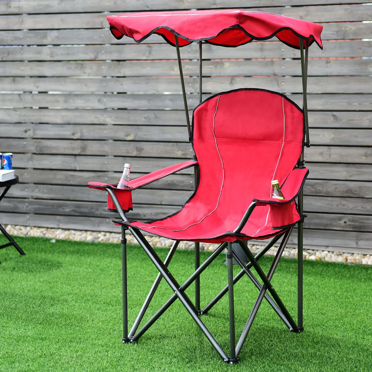 Camping Chair with Sun Canopy, Fishing Chair with Drink Holder, Folding Chair with Carry Bag, Folding Chair 120 kg Load Capacity