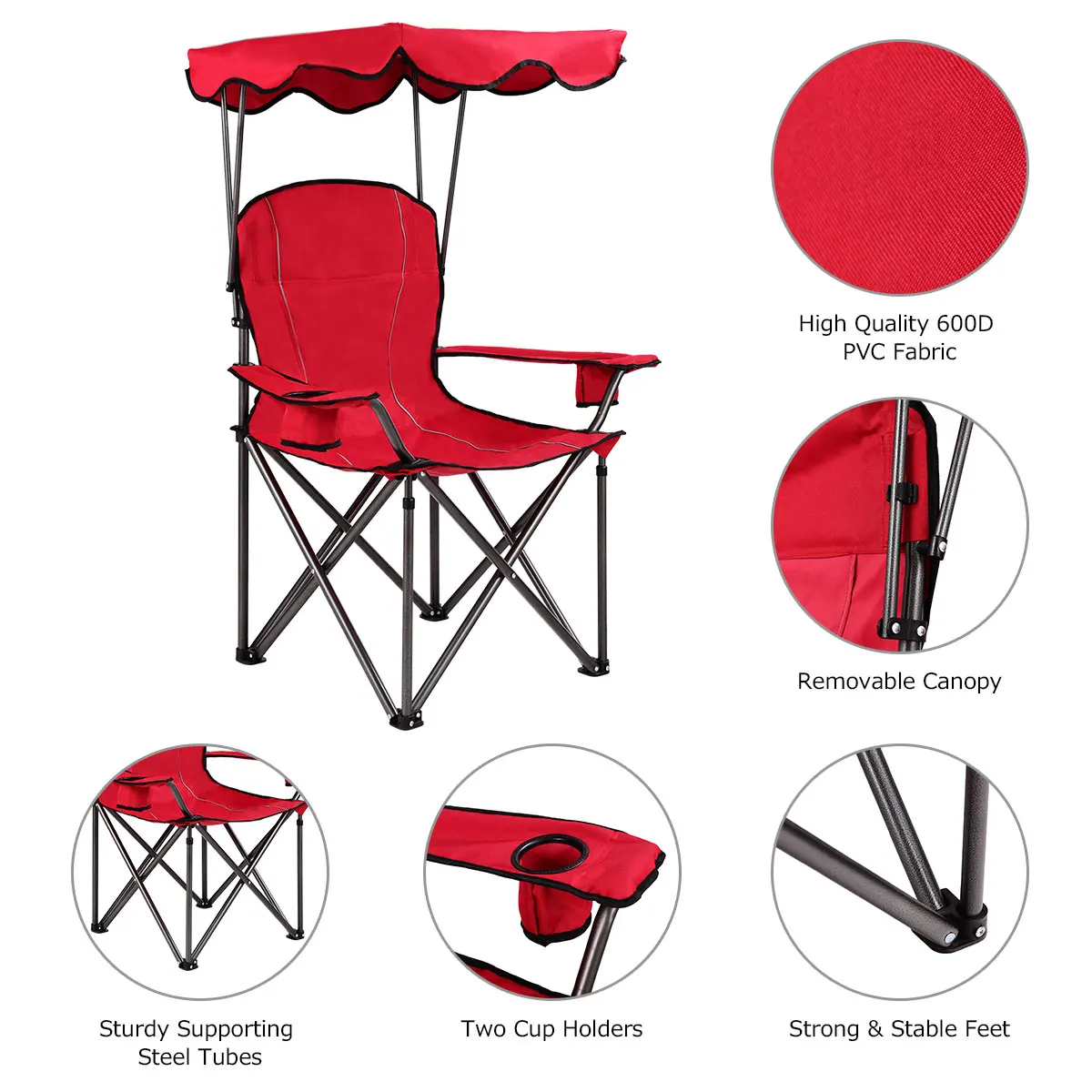 Camping Chair with Sun Canopy, Fishing Chair with Drink Holder, Folding Chair with Carry Bag, Folding Chair 120 kg Load Capacity