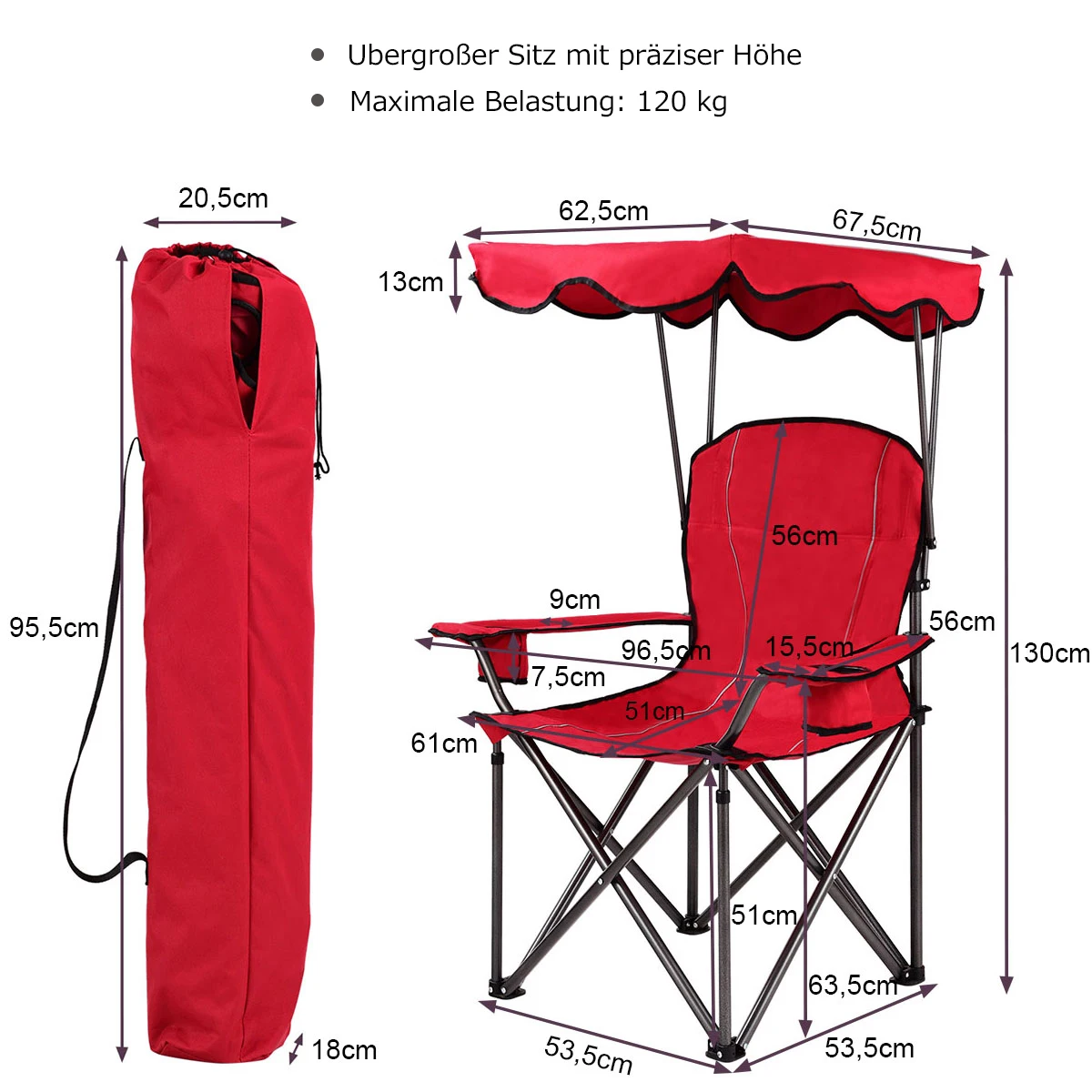 Camping Chair with Sun Canopy, Fishing Chair with Drink Holder, Folding Chair with Carry Bag, Folding Chair 120 kg Load Capacity