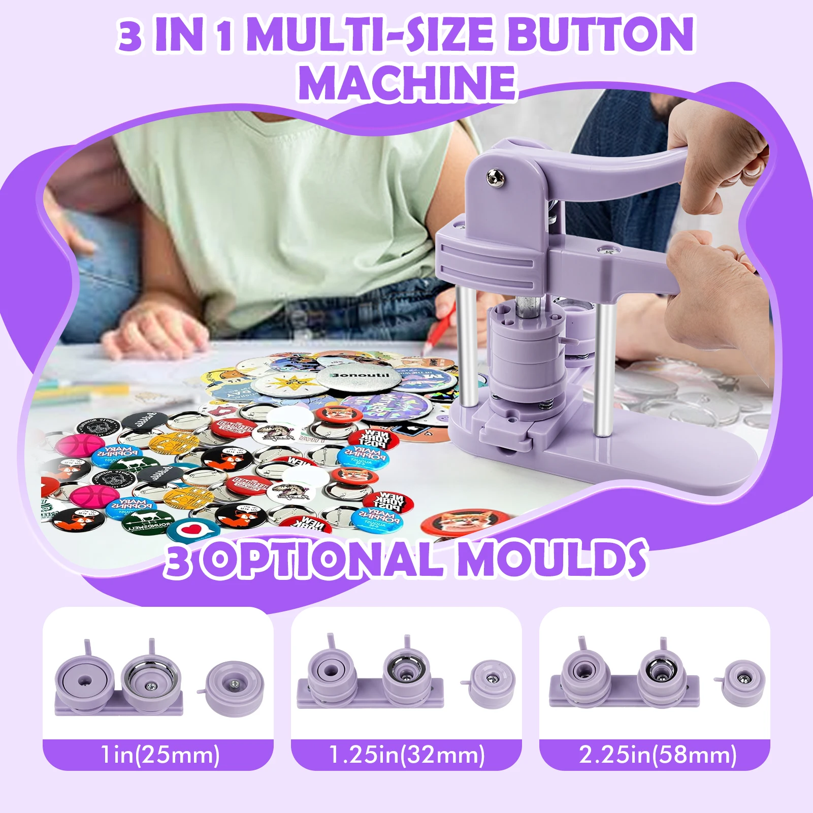 3 in 1 DIY Pin Button Maker Machine 25/32/58mm Badge Press Machine with 300pcs Button Parts Easy to Use Save Time and Energy