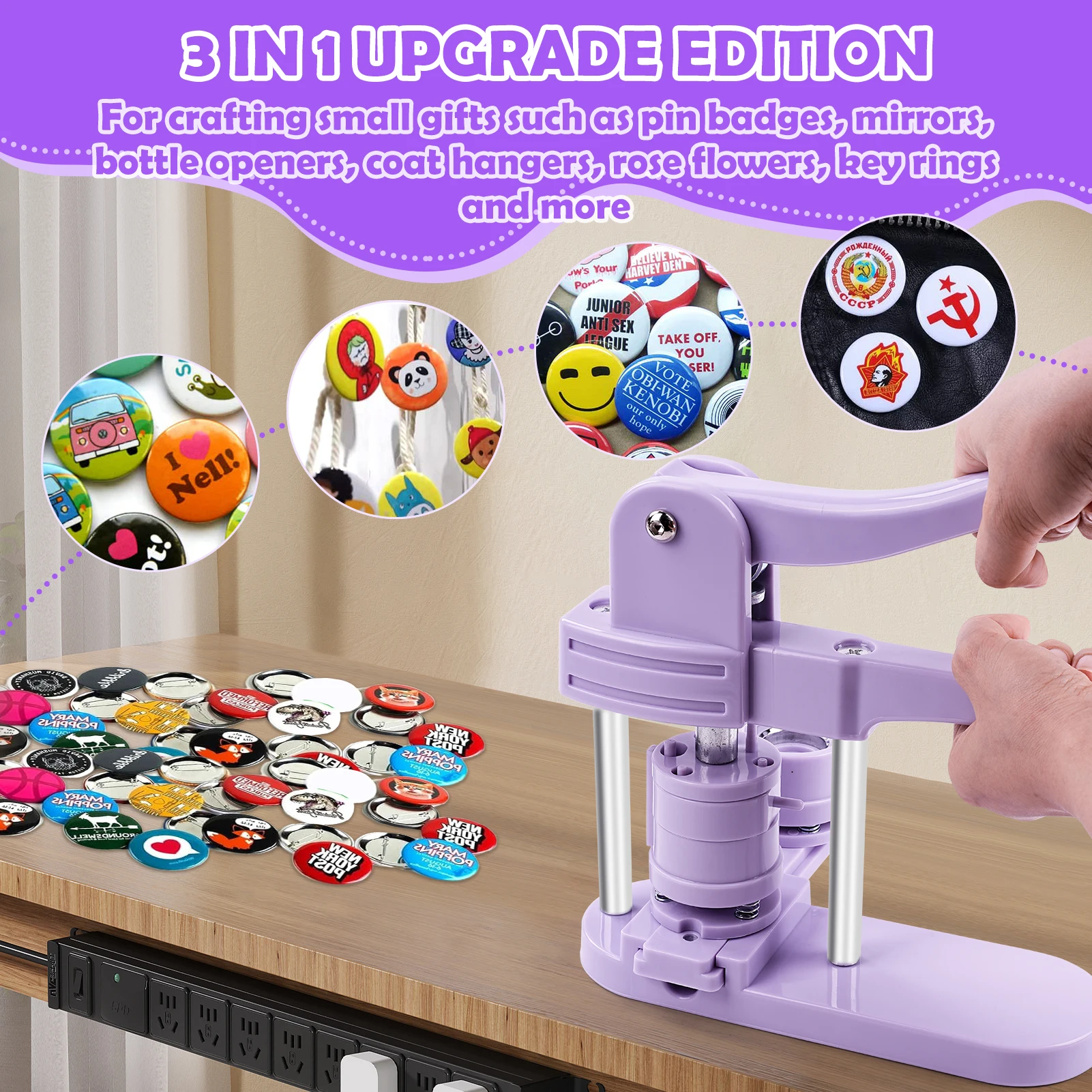 3 in 1 DIY Pin Button Maker Machine 25/32/58mm Badge Press Machine with 300pcs Button Parts Easy to Use Save Time and Energy