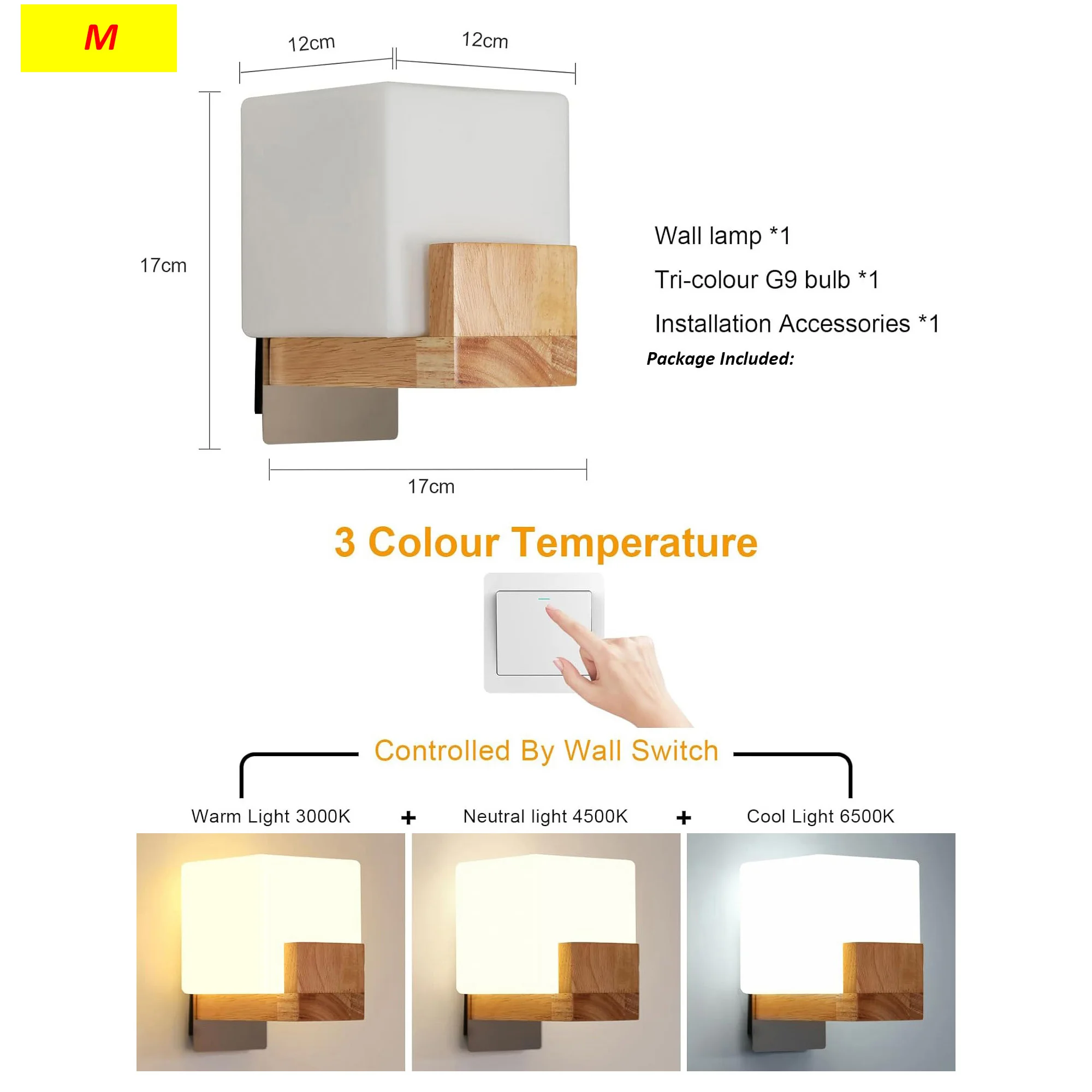 Indoor Wooden Wall Light, G9 Modern Wall Lamp Square,Wall Lighting Fixtures 3000K/4500K/6500K for Hallway Stairs