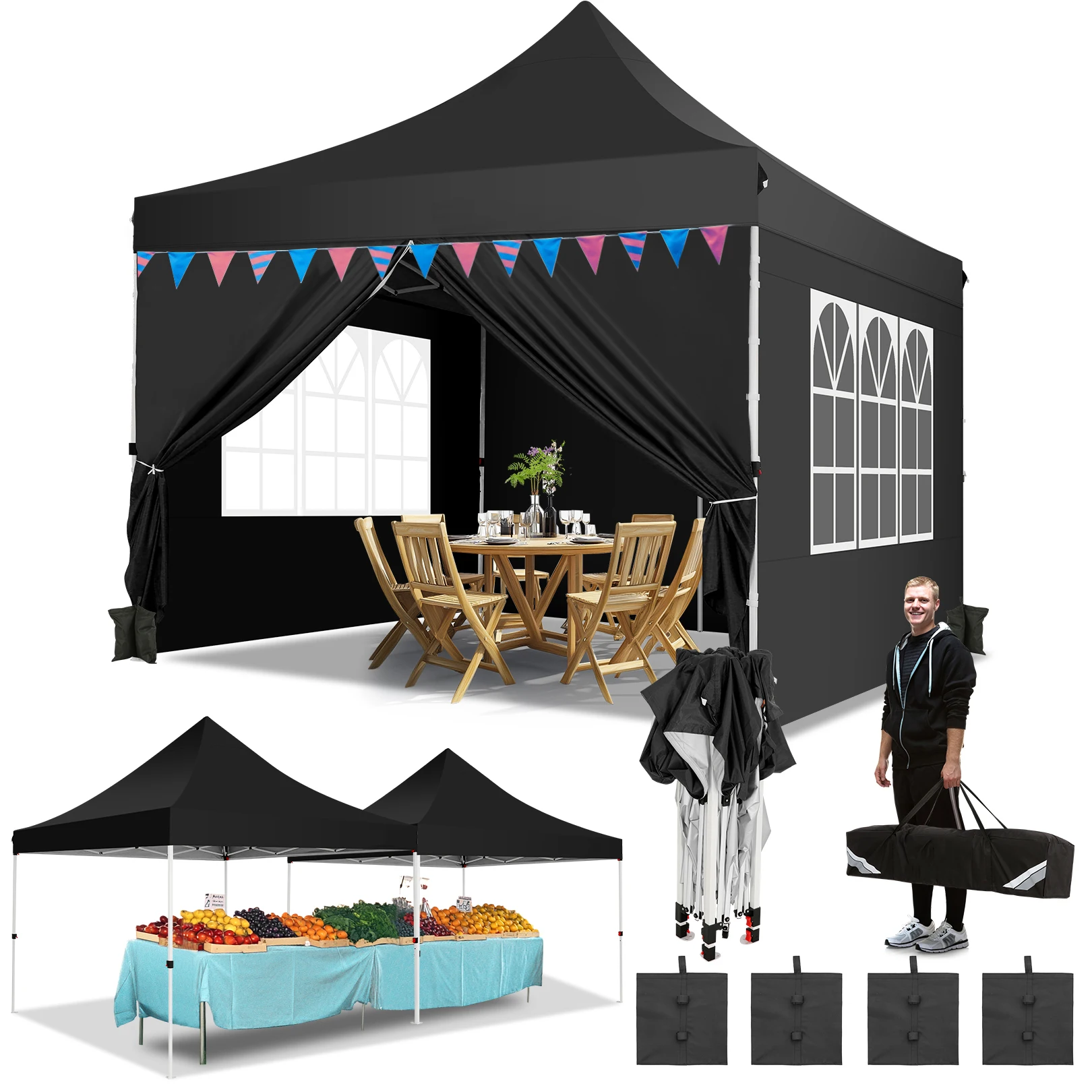 3x3m Folding Gazebo with 4 side panels, mesh window against insects, 100% waterproof and UV 50+ portable high-end