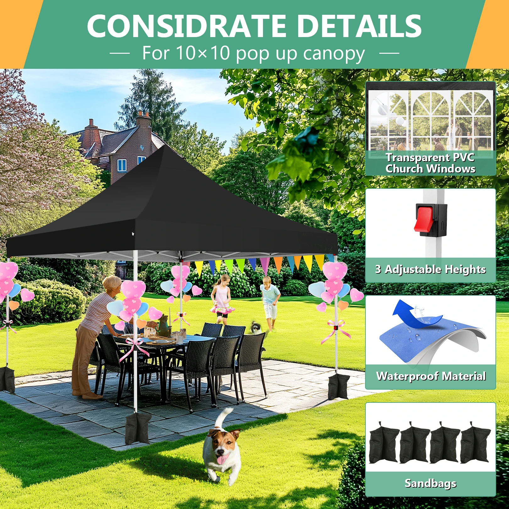 3x3m Folding Gazebo with 4 side panels, mesh window against insects, 100% waterproof and UV 50+ portable high-end