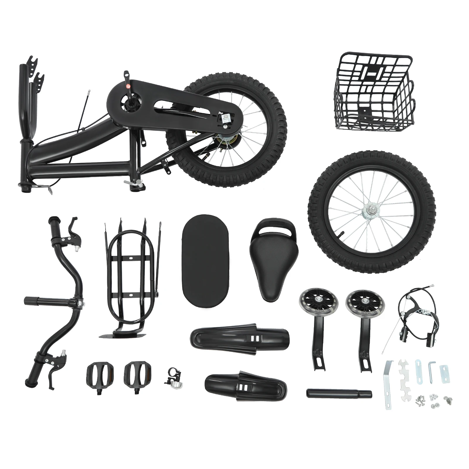14" Kids Bike Adjustable Children's Bicycle Load 60kg w/Training Wheels+Basket+Backrest Rear Seat for 3-7 Year Old (White/Black)