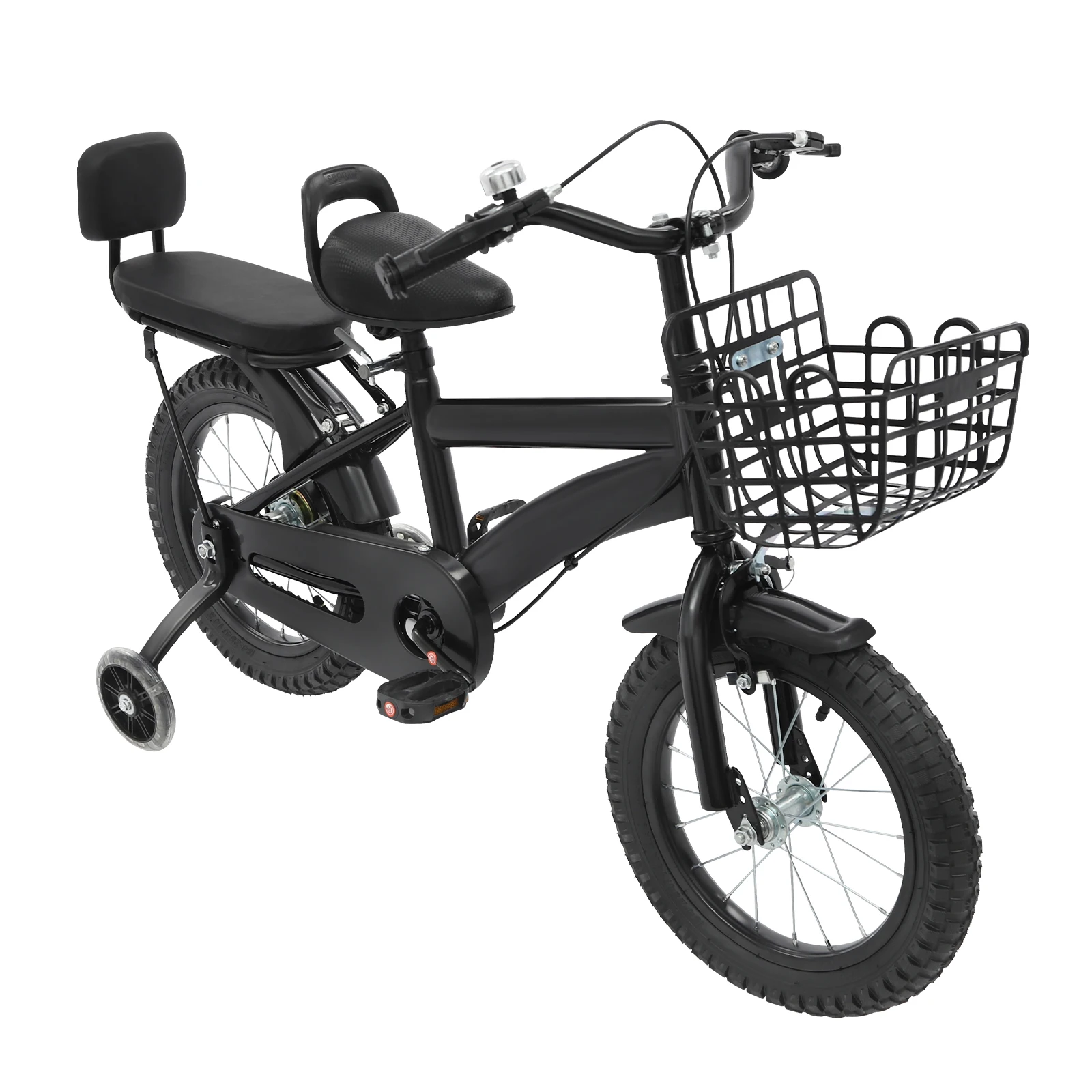 14" Kids Bike Adjustable Children's Bicycle Load 60kg w/Training Wheels+Basket+Backrest Rear Seat for 3-7 Year Old (White/Black)