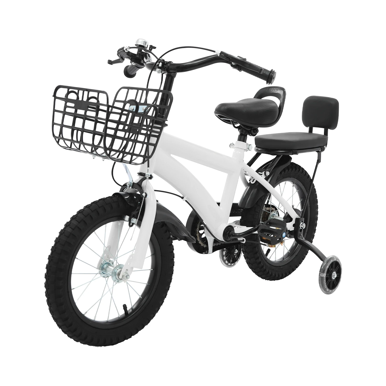14" Kids Bike Adjustable Children's Bicycle Load 60kg w/Training Wheels+Basket+Backrest Rear Seat for 3-7 Year Old (White/Black)