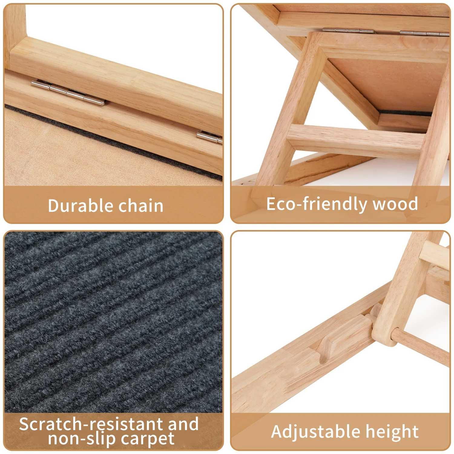 Wooden Pet Ramp Height Adjustable Dog Cat Pets Ladder Foldable Non-Slip Safe Access For Car High Bed Furniture Maximum Load 50kg