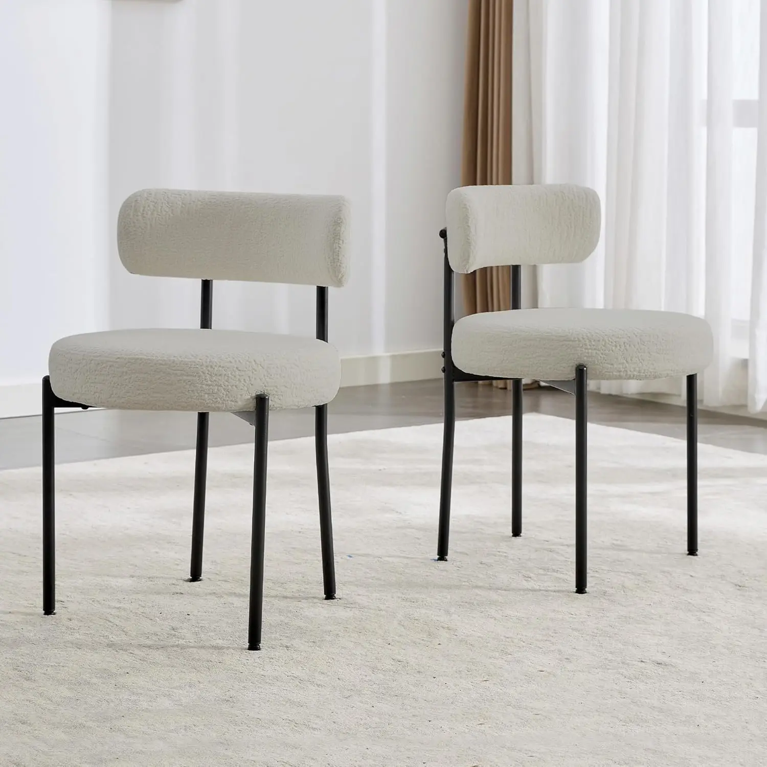 Dining Chairs Set of 2, Mid-Century Modern Dining Chairs, Curved Backrest Round Upholstered Sherpa Dining Chair with  Metal Legs