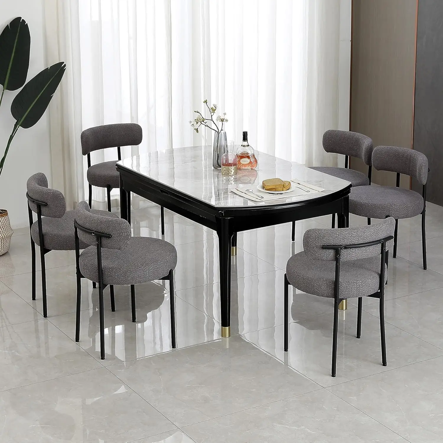 Dining Chairs Set of 2, Mid-Century Modern Dining Chairs, Curved Backrest Round Upholstered Sherpa Dining Chair with  Metal Legs