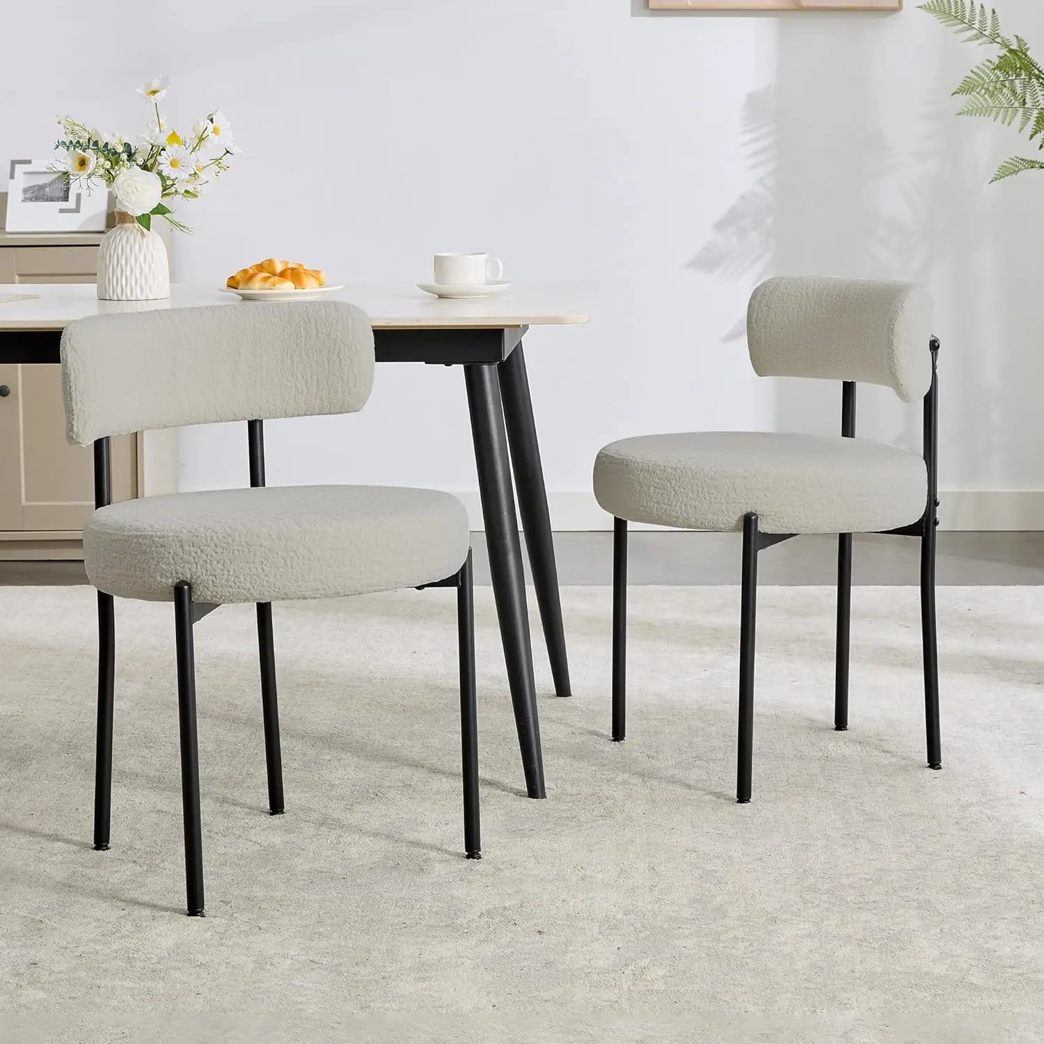 Dining Chairs Set of 2, Mid-Century Modern Dining Chairs, Curved Backrest Round Upholstered Sherpa Dining Chair with  Metal Legs