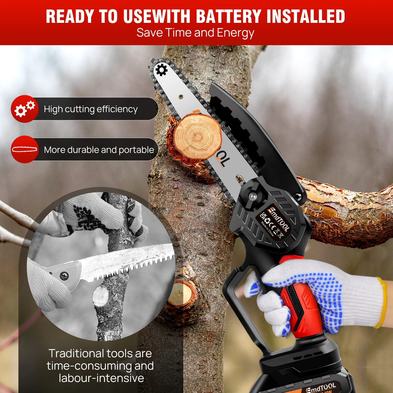 700W 21V Battery Power Chainsaw 6 Inch, 1.5Ah Battery, Pure Copper Motor, 3500 RPM, 2 X Alloy Steel Chains, for Cutting Pruning