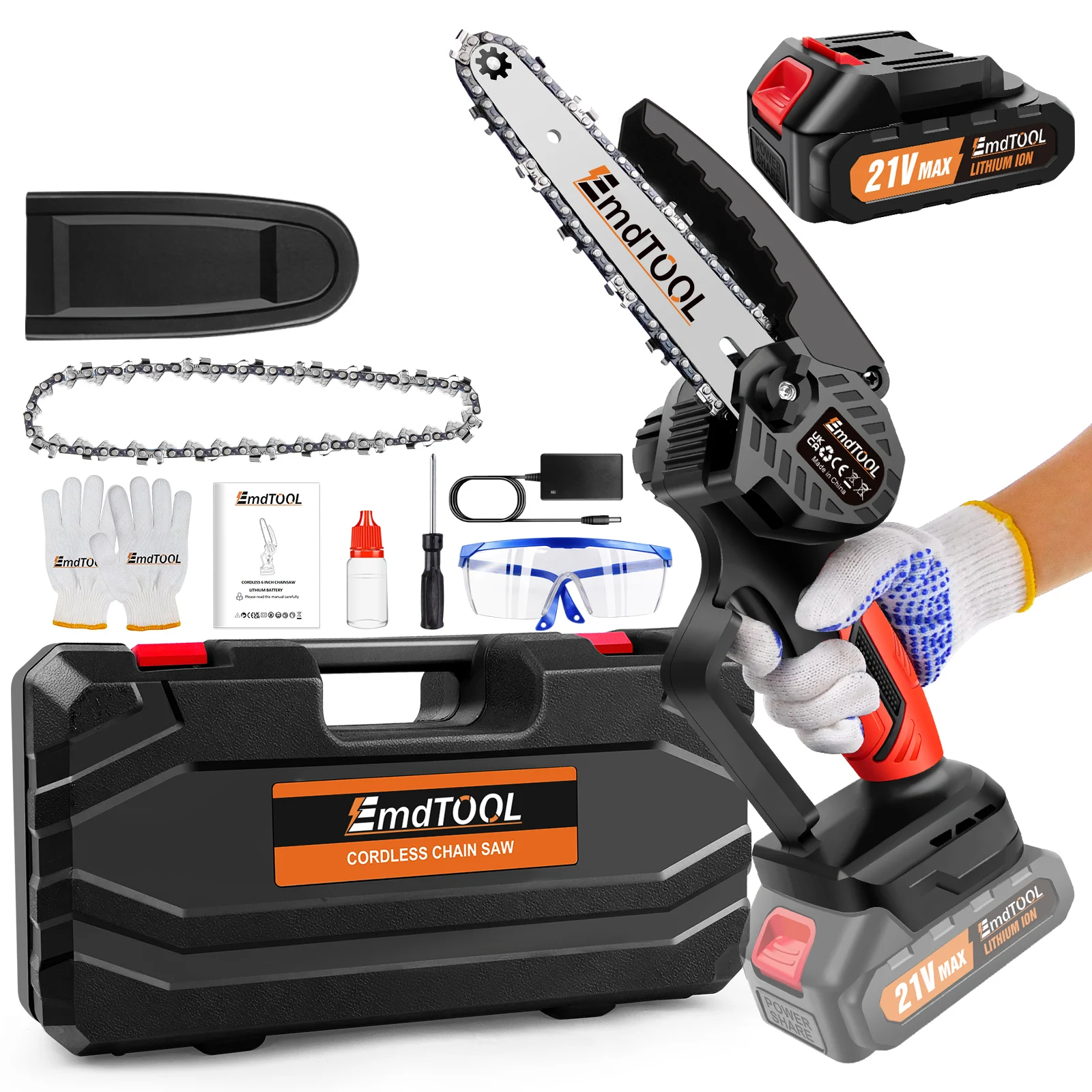 700W 21V Battery Power Chainsaw 6 Inch, 1.5Ah Battery, Pure Copper Motor, 3500 RPM, 2 X Alloy Steel Chains, for Cutting Pruning