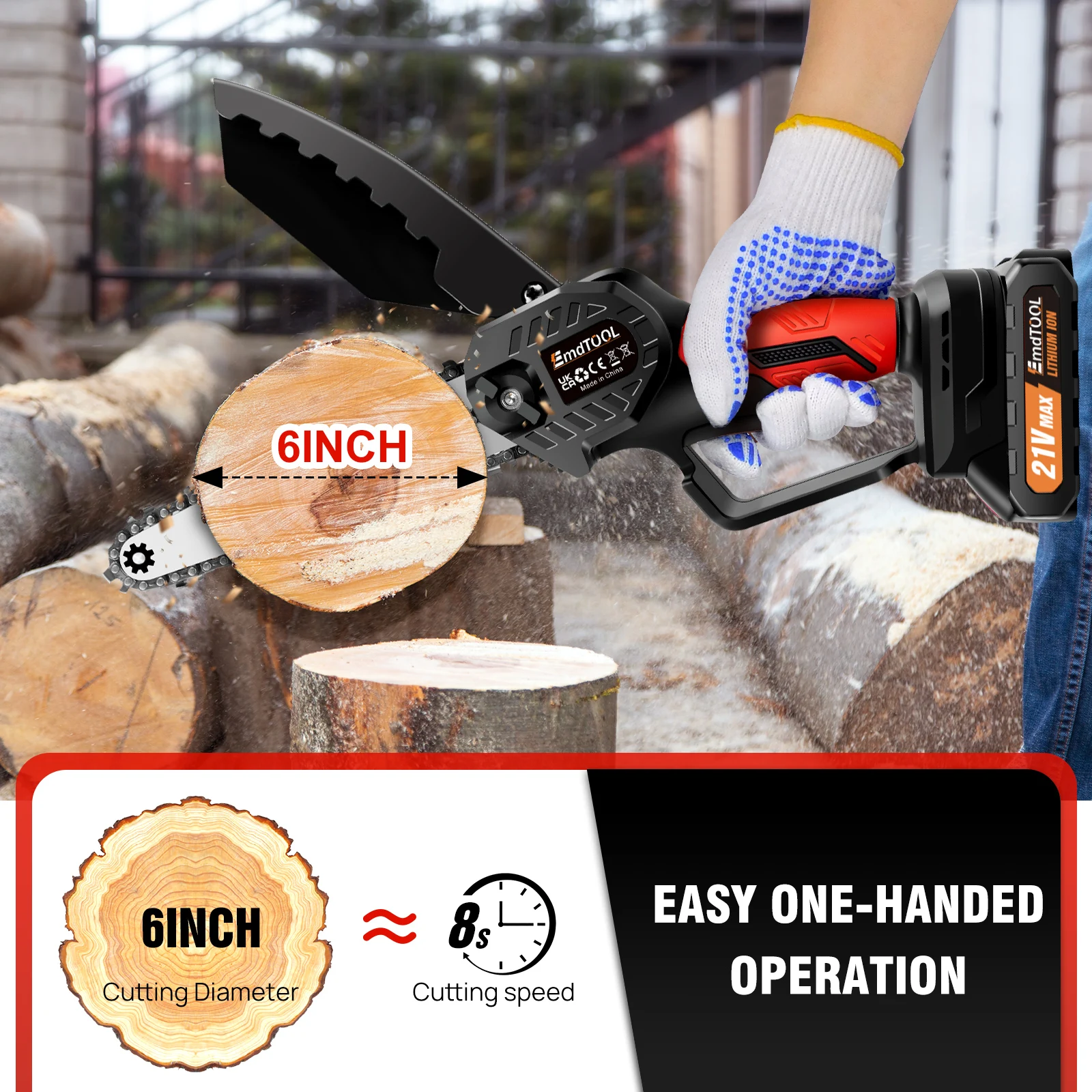 700W 21V Battery Power Chainsaw 6 Inch, 1.5Ah Battery, Pure Copper Motor, 3500 RPM, 2 X Alloy Steel Chains, for Cutting Pruning