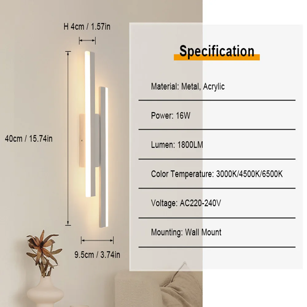 LED Interior Wall Sconce,16W Dimmable 3 Colour Temperature Modern LED Wall Lights For Bedroom,Study,Hallway,3000K/4500K/6500K