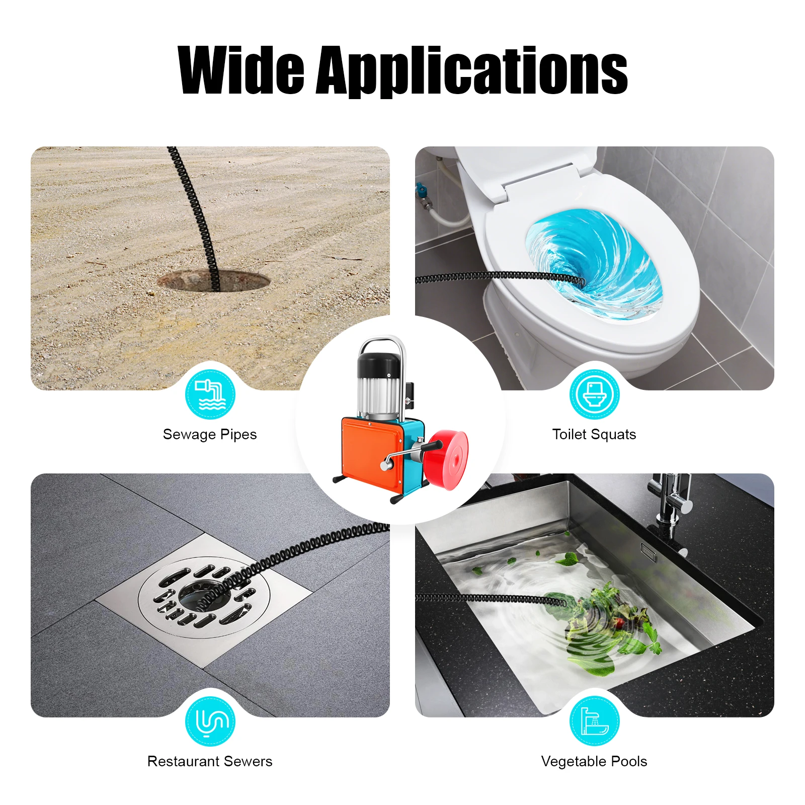 1000W Drain Cleaning Machine, 20-150mm Pipe Cleaner Duct Unclogging Device IP44, Sewer Dredge Sink Toilet Unblocker w/12m Spring