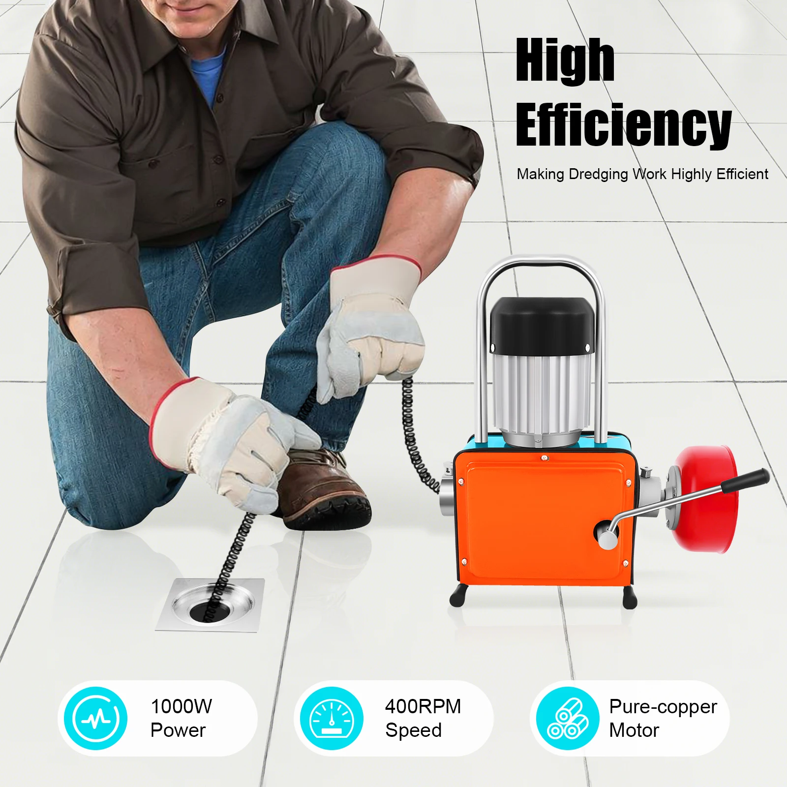 1000W Drain Cleaning Machine, 20-150mm Pipe Cleaner Duct Unclogging Device IP44, Sewer Dredge Sink Toilet Unblocker w/12m Spring