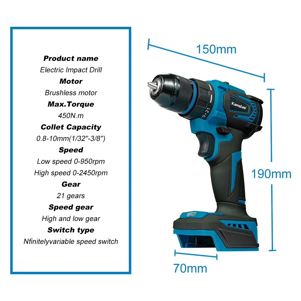 Kamolee 10MM Brushless Electric Impact Drill Set, including Accessories, Cordless Screwdriver, Lithium Battery Hand Drill