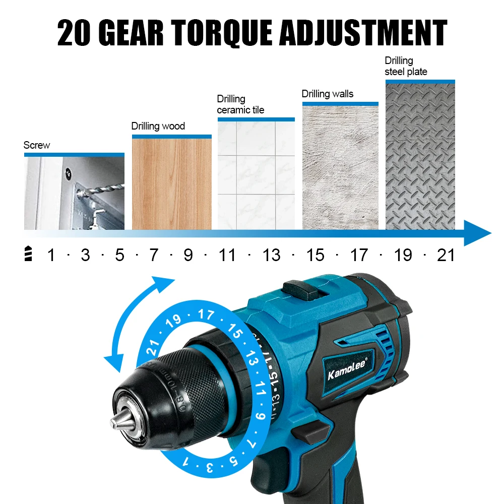 Kamolee 10MM Brushless Electric Impact Drill Set, including Accessories, Cordless Screwdriver, Lithium Battery Hand Drill