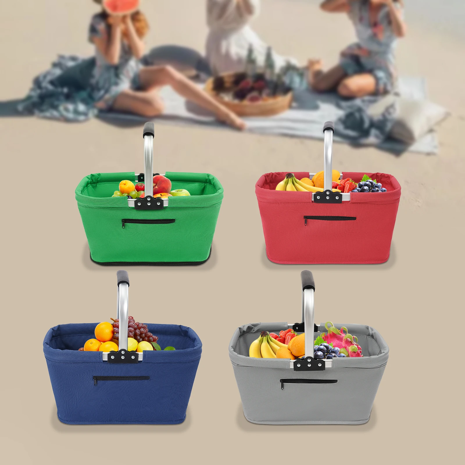 Foldable Shopping Basket Shopping Basket with Padded Handle and Zip Pocket for Shopping, Picnics & Storage