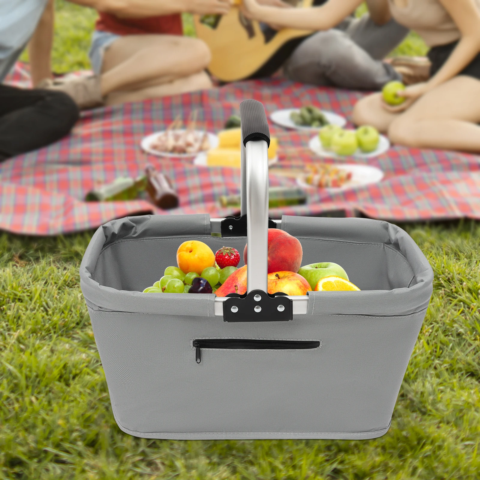 Foldable Shopping Basket Shopping Basket with Padded Handle and Zip Pocket for Shopping, Picnics & Storage