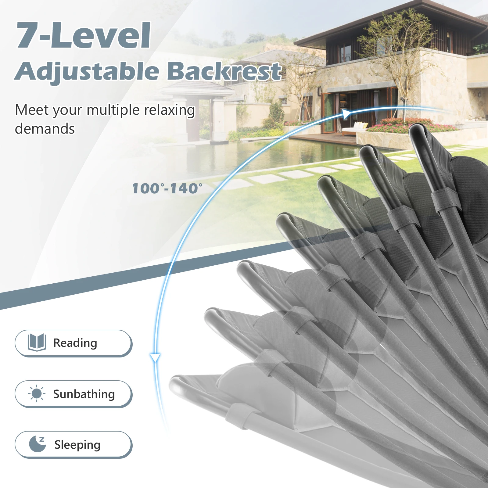 Set of 2 Garden Chairs with Headrest, Folding Chairs with 7-Way Adjustable Backrest, Folding Balcony Chairs, High-Back
