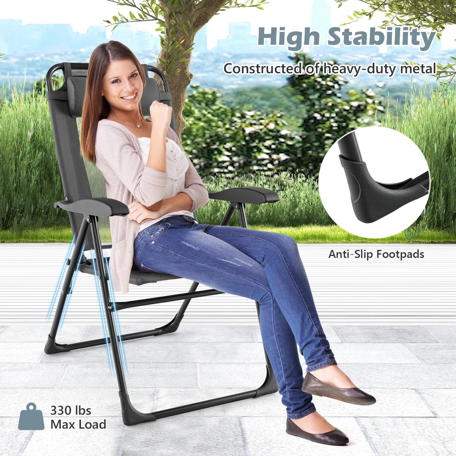 Set of 2 Garden Chairs with Headrest, Folding Chairs with 7-Way Adjustable Backrest, Folding Balcony Chairs, High-Back