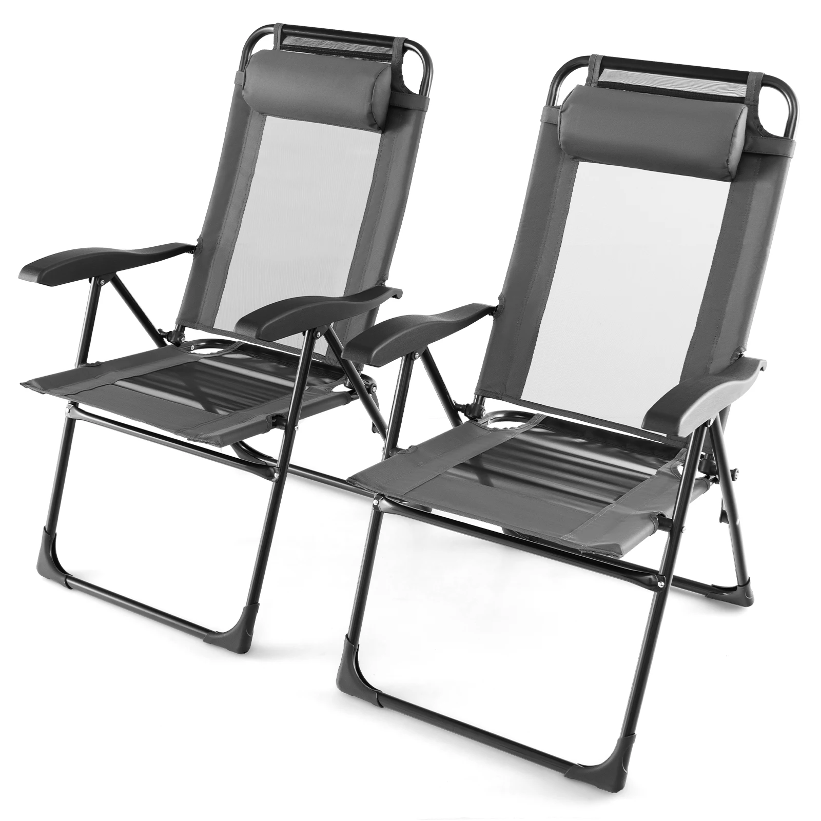 Set of 2 Garden Chairs with Headrest, Folding Chairs with 7-Way Adjustable Backrest, Folding Balcony Chairs, High-Back