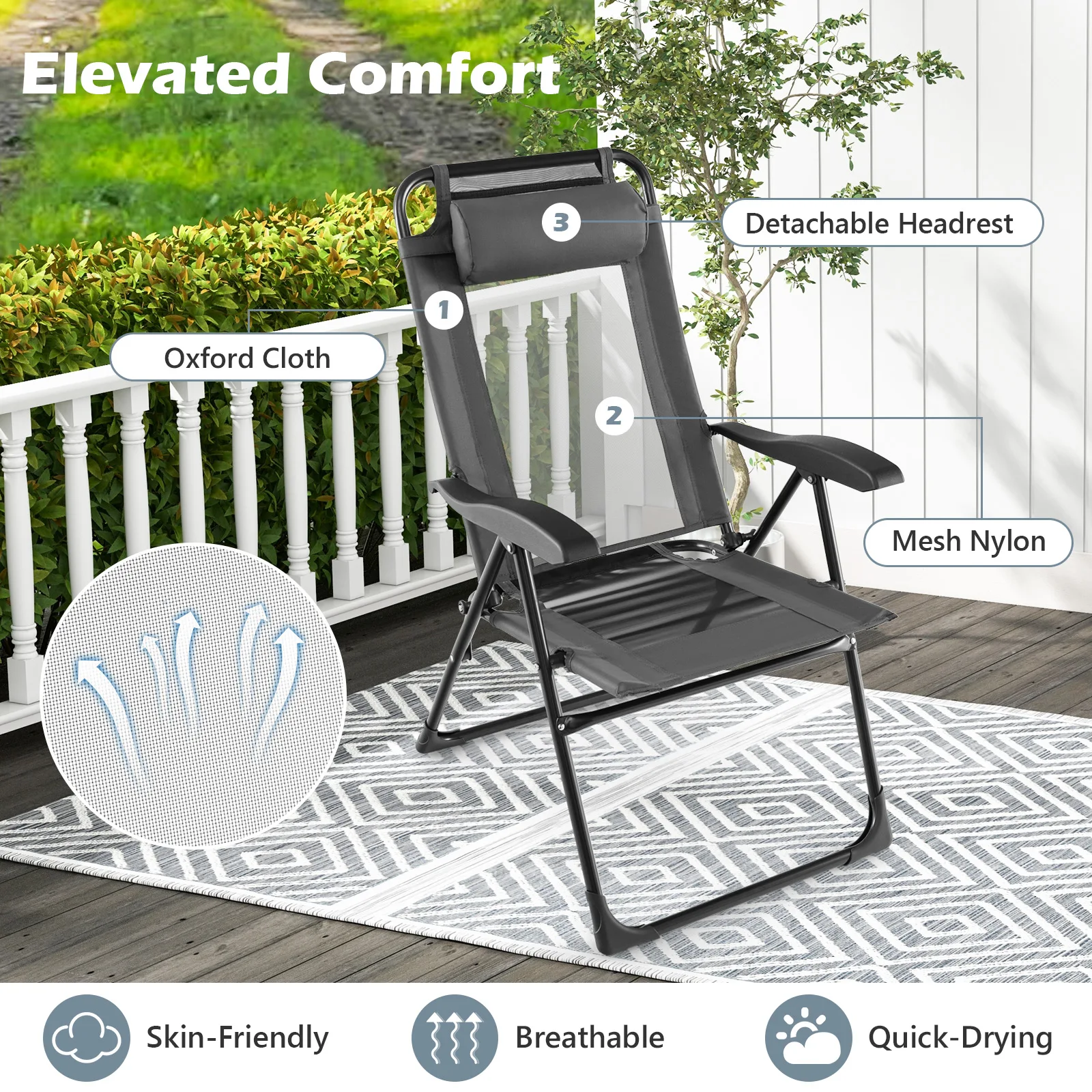 Set of 2 Garden Chairs with Headrest, Folding Chairs with 7-Way Adjustable Backrest, Folding Balcony Chairs, High-Back