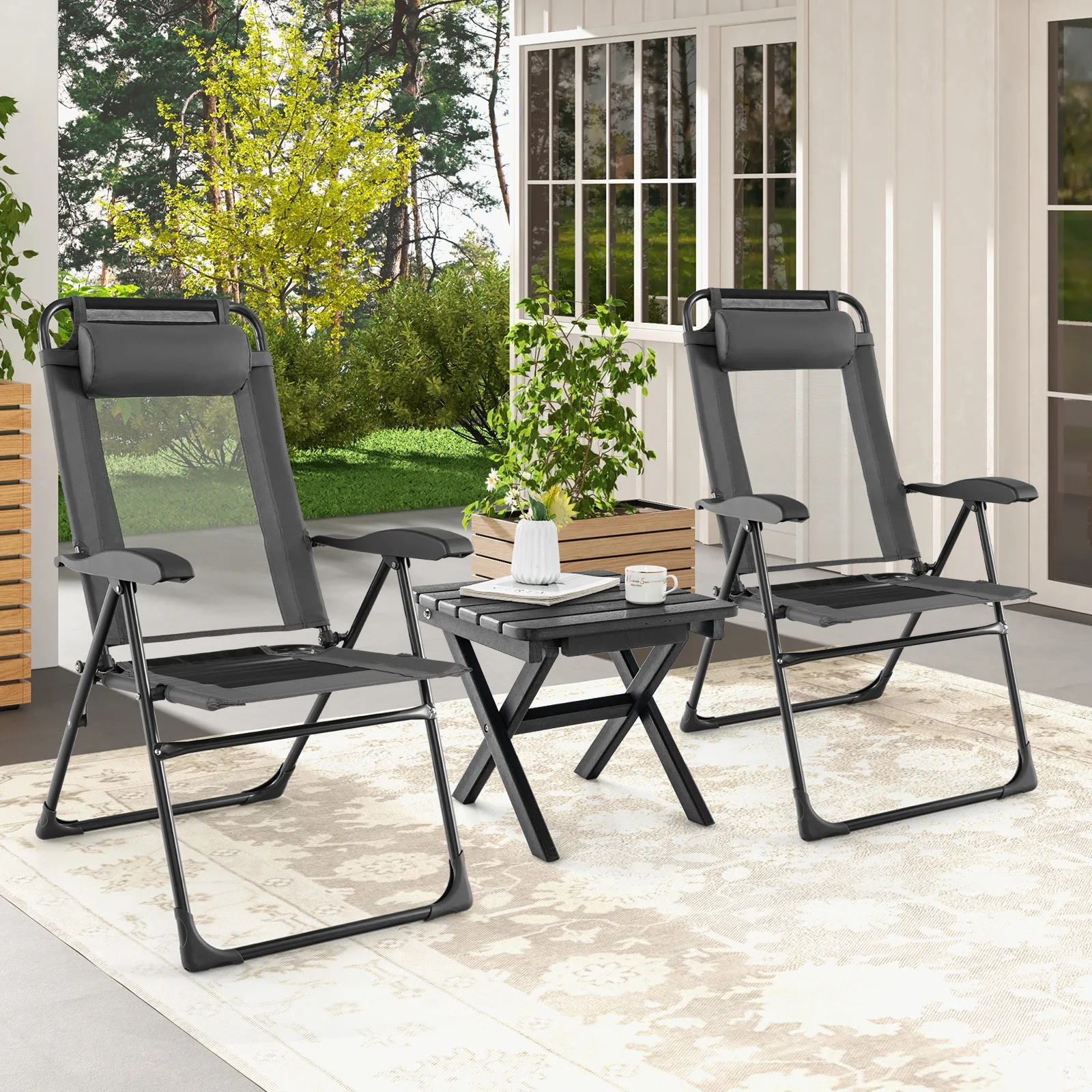 Set of 2 Garden Chairs with Headrest, Folding Chairs with 7-Way Adjustable Backrest, Folding Balcony Chairs, High-Back