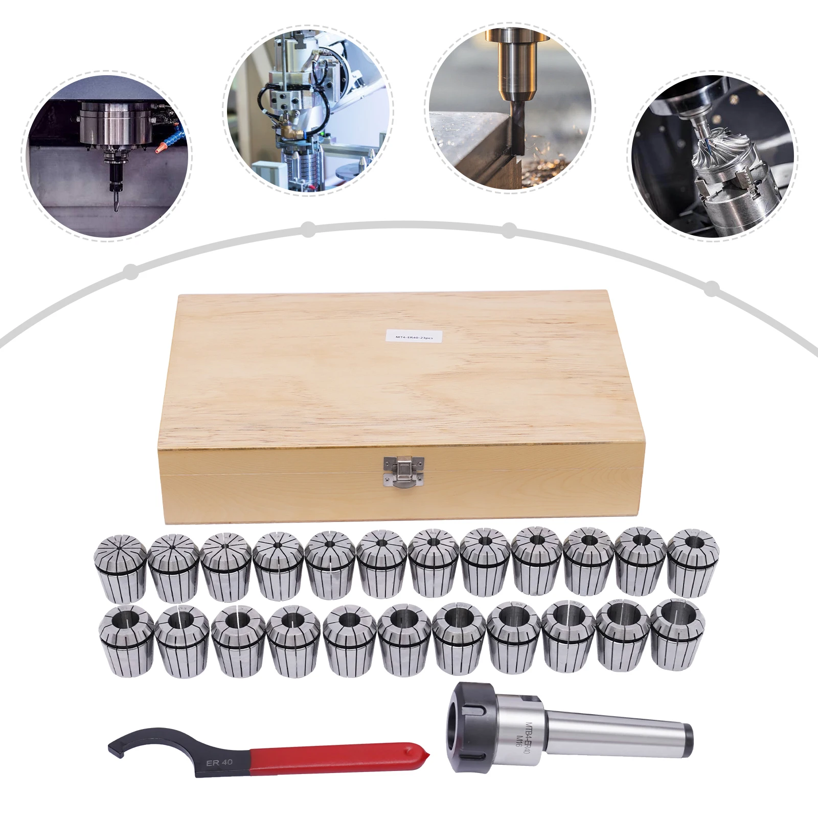 MTB4-ER40 Chuck Shank 65Mn Spring Steel Round Collet Set with Storage Box for Milling Drilling Machine Lathe