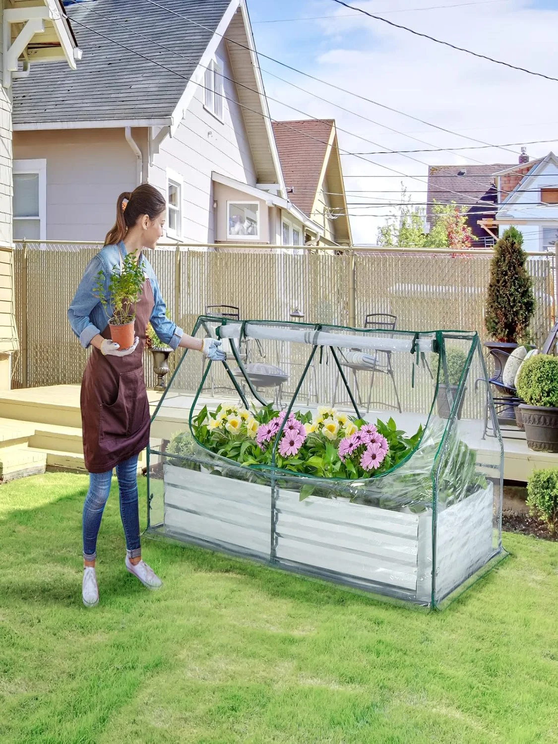 3-in-1 Greenhouse with Raised Bed,PVC Film,with Two Windows,Rectangular Cold Frame,in the Garden,Patio and Balcony,180x90x91cm