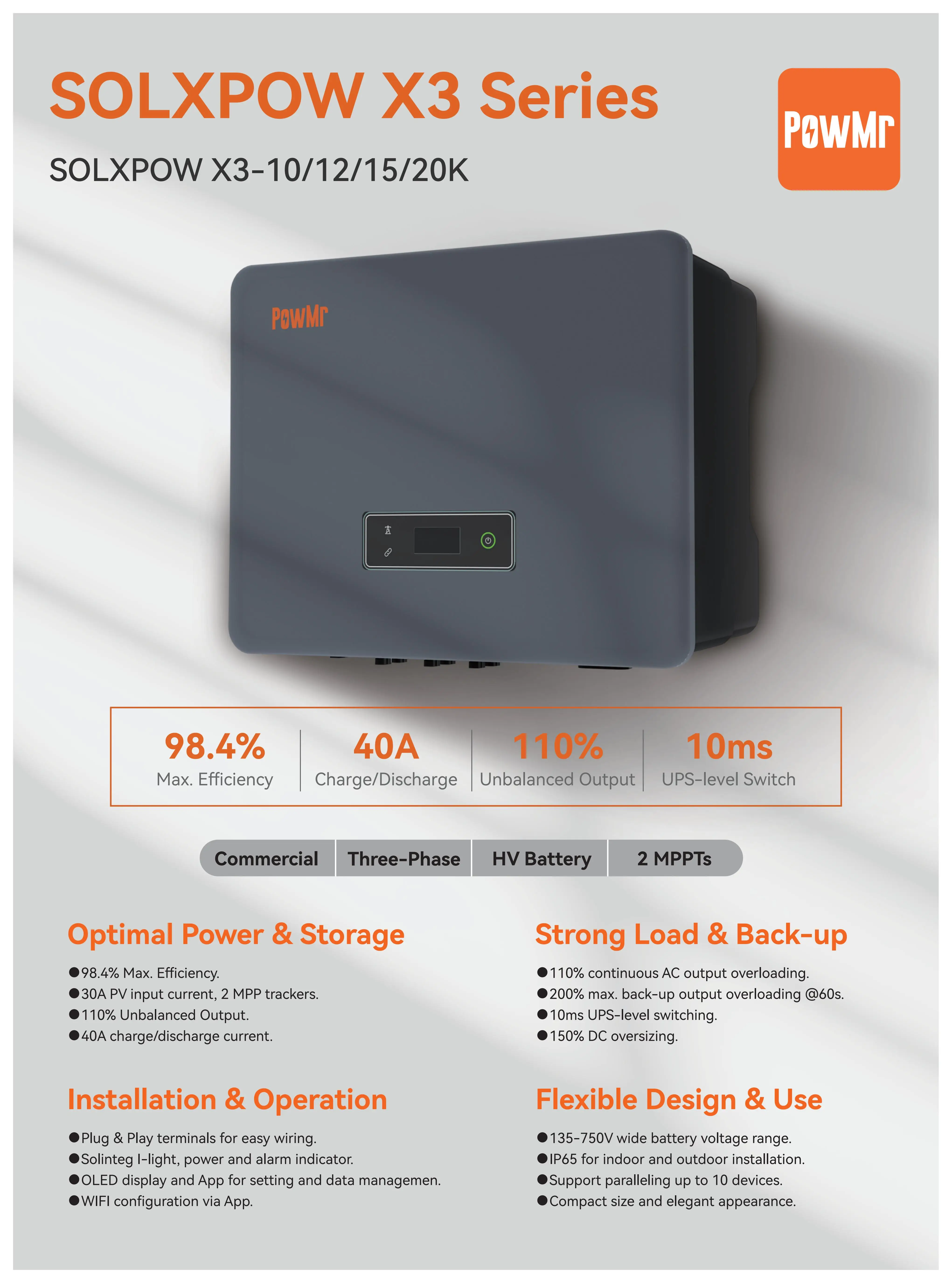 VDE PowMr 12KW 20KW 3 Phase Inverter 48V 220V Hybrid Solar Inverter On Grid Dual MPPT Trackers IP65 Waterproof with BMS WIFI