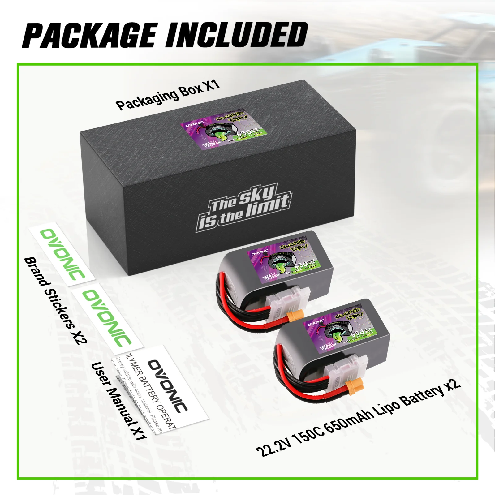 Ovonic Rebel 2.0 150C 6S 650mah Lipo Battery 22.2V Pack with XT30 Plug for 2 to 2.5-Inch FPV Multirotor(2Packs)