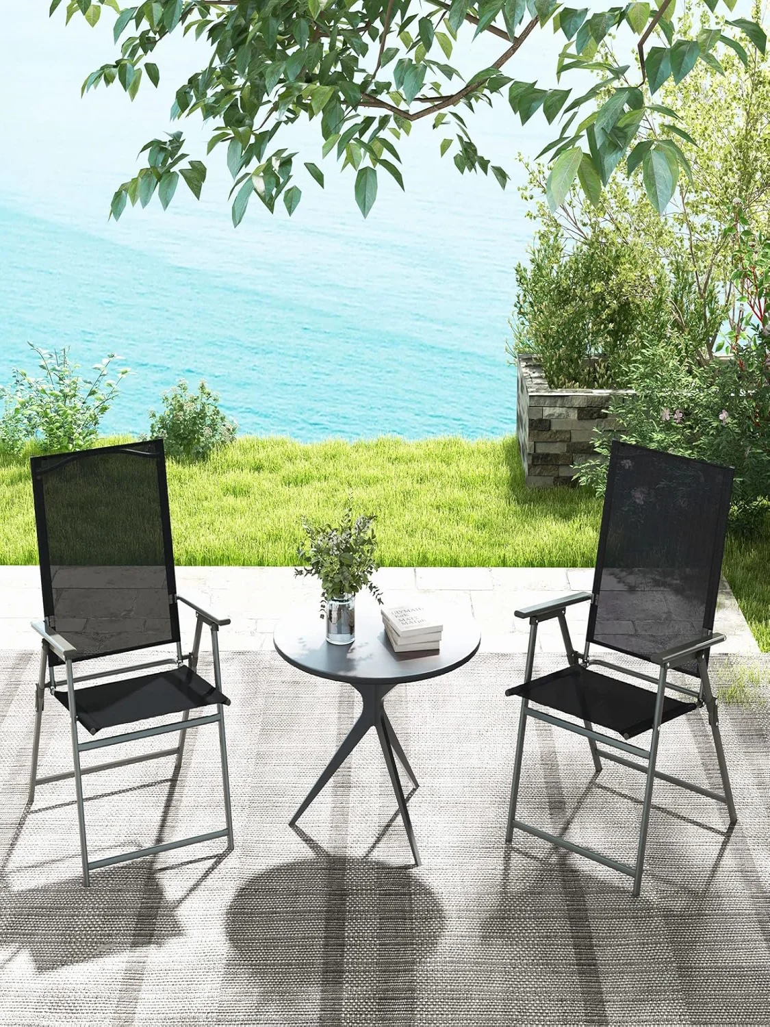 Set of 2 Garden Chairs, Folding Chairs with Weatherproof Fabric, Balcony Chairs with Armrests, Patio Chairs(Black)