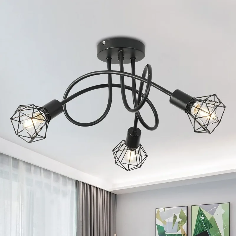 Industrial 3-Light Black Aluminum Ceiling Lamp Cage Design Indoor Lighting for Kitchen Hall Bedroom Living Room