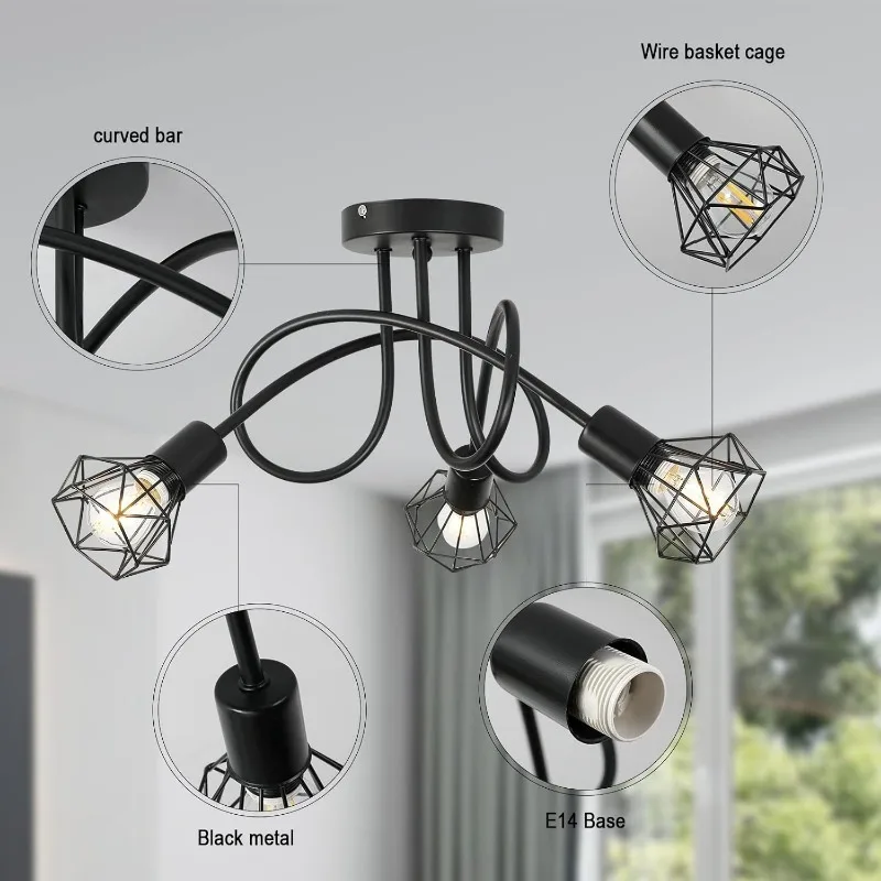 Industrial 3-Light Black Aluminum Ceiling Lamp Cage Design Indoor Lighting for Kitchen Hall Bedroom Living Room