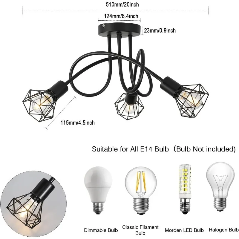 Industrial 3-Light Black Aluminum Ceiling Lamp Cage Design Indoor Lighting for Kitchen Hall Bedroom Living Room